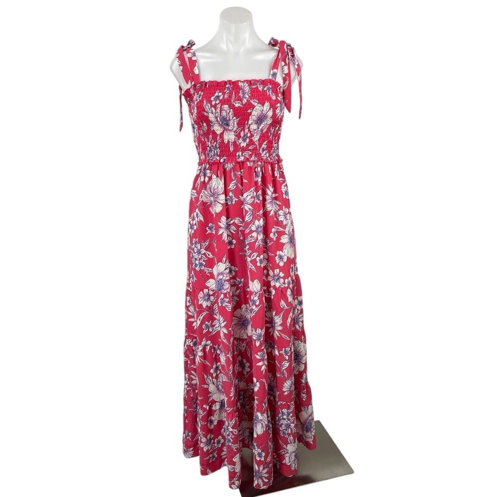 Love & Piece Pink Floral Tiered Smocked Sleeveless Tie Strap A Line Maxi Dress S